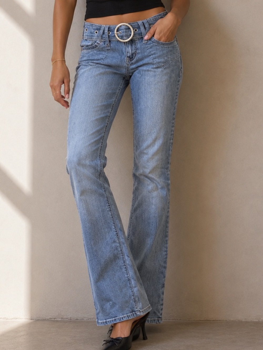 Y2K Angels Mid Rise Belted Bootcut Jeans